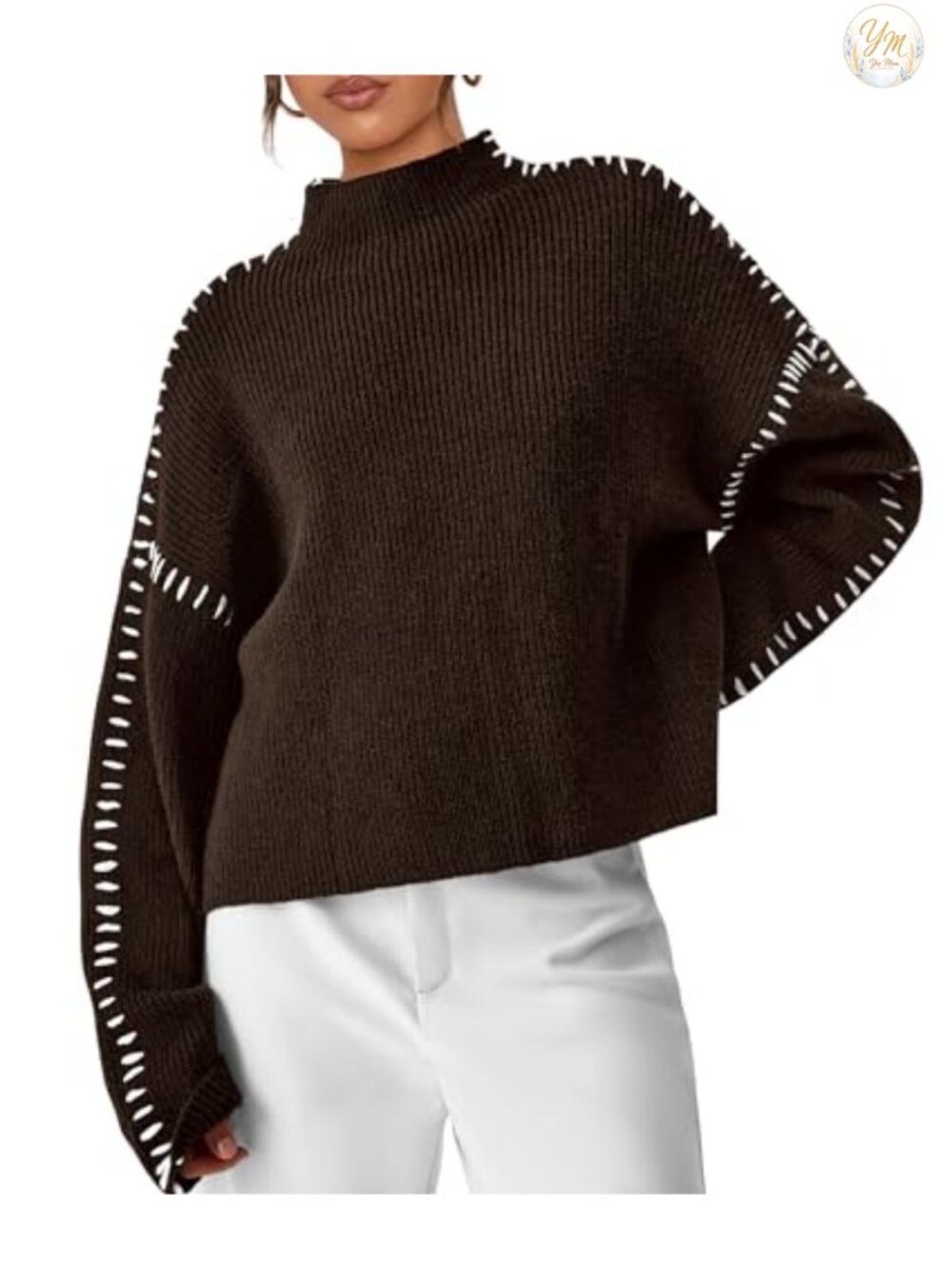 Womens Chunky Knit Oversized Pullover Sweater Mock Neck Drop Shoulder